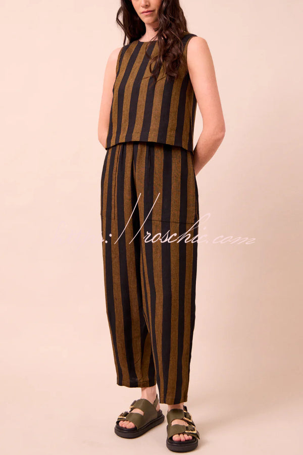 Striped Printed Crew Neck Sleeveless Top and Elastic Waist Wide-leg Pants Set