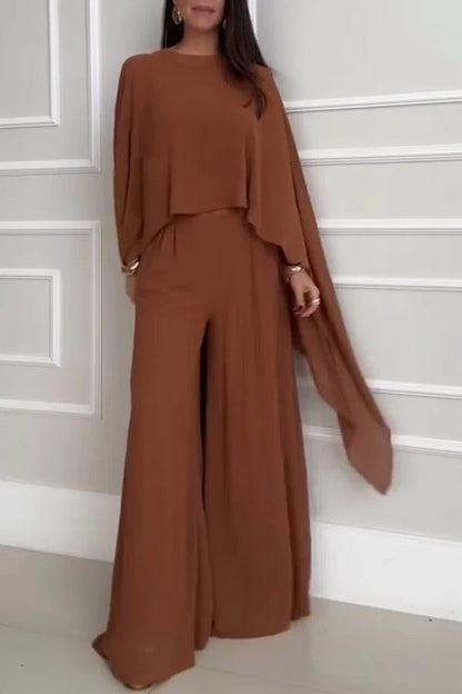 Veronica Chiffon Cape Flowing Top and Elastic Waist Wide-Leg Pants Set