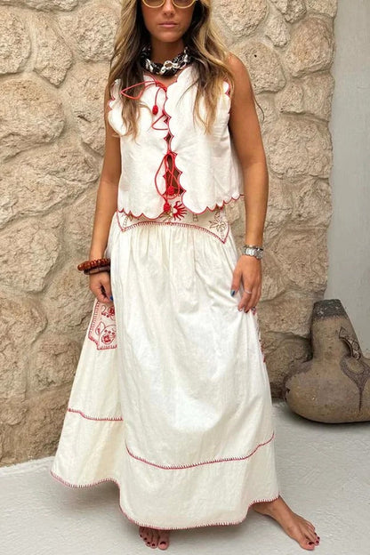 Sunny Day Linen Blend Contrast Embroidered Print Scallop Trim Lace-up Top