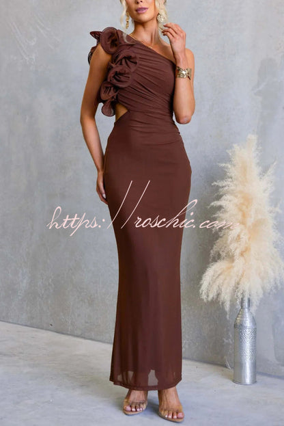Fashionable Mesh Sleeveless One-shoulder Waist-revealing Maxi Dress
