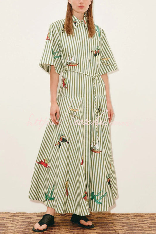 Linen Blend Striped Print Collared Short-sleeved Fitted Waist Belted Casual Maxi Dress