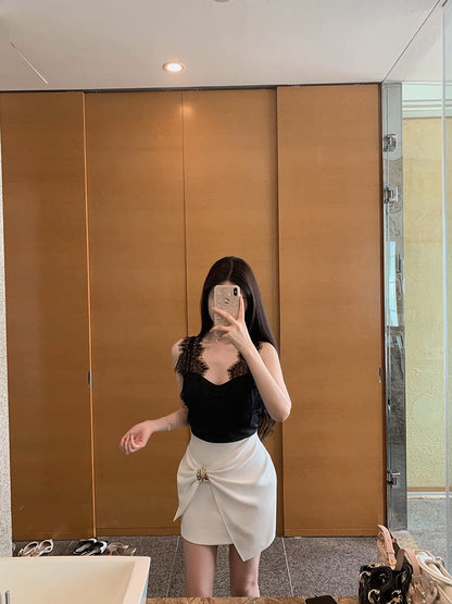 Asymmetric Ruched Wrap Mini Skirt with Metal Buckle