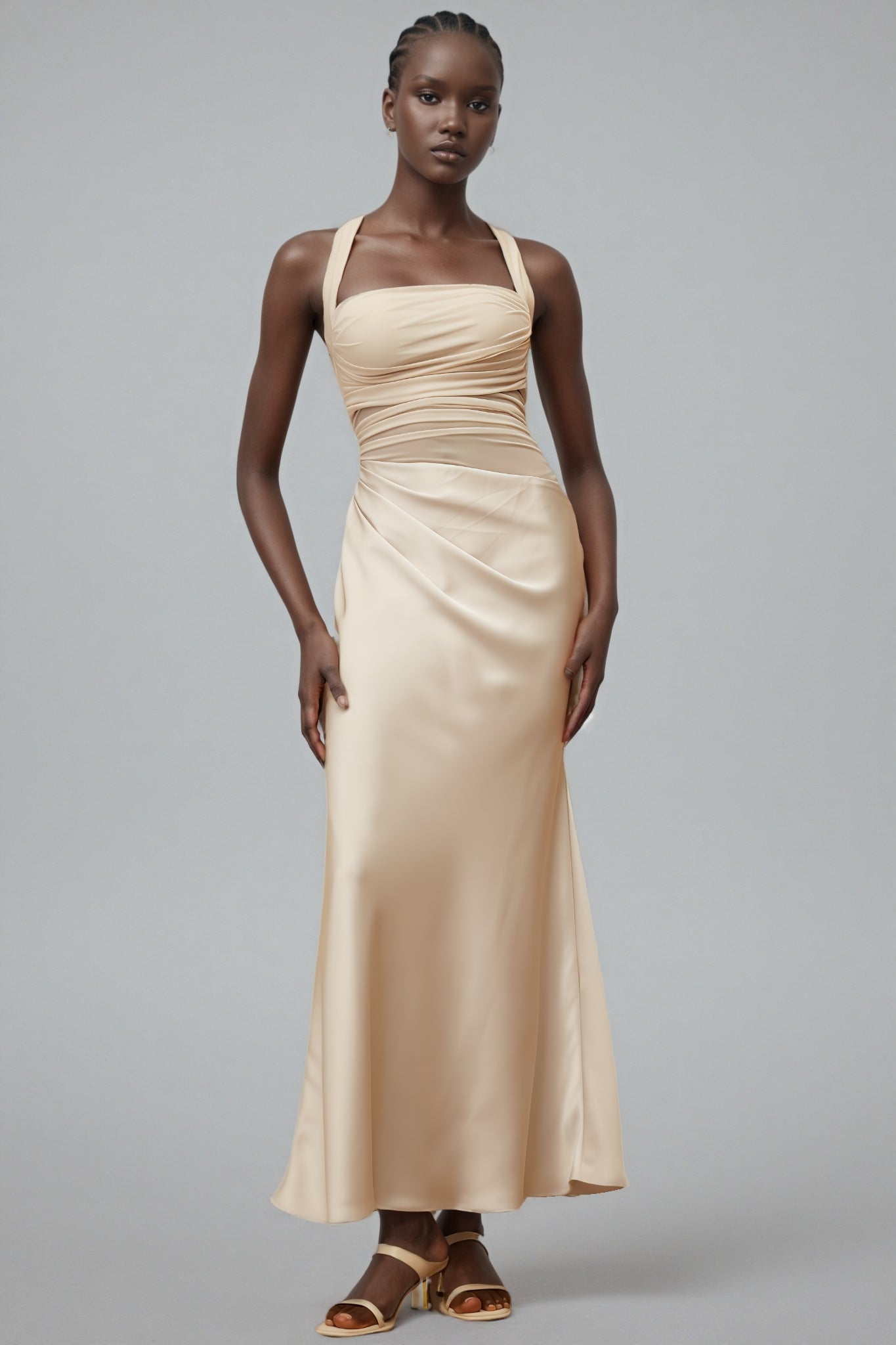 Freja Grey Mesh Panel Ruched Maxi Dress