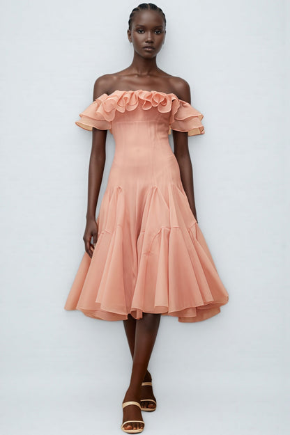 Eosf Pink Mesh Ruffle Midi Dress