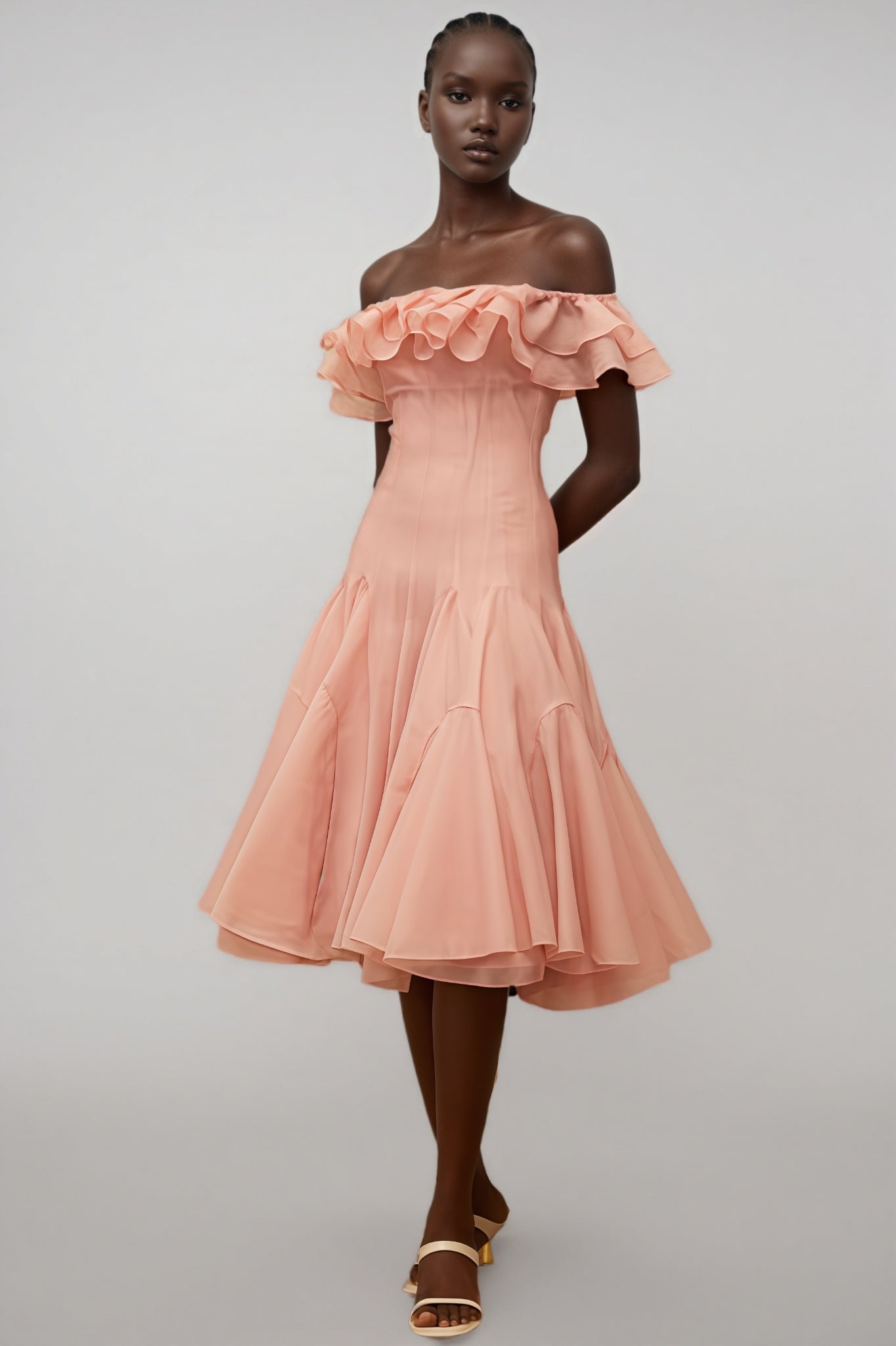 Eosf Pink Mesh Ruffle Midi Dress