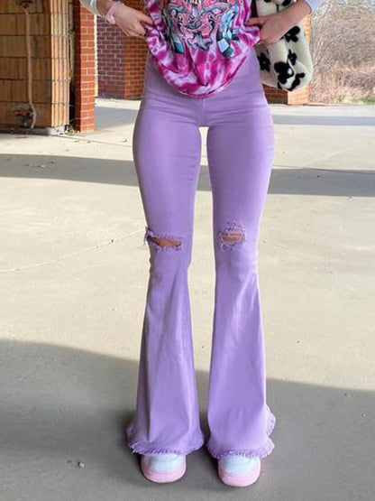 Buttlifting Ripped Raw Edge Flared Pants Colorful Highstretch Women's Denim Trousers