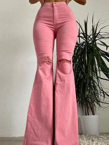 Buttlifting Ripped Raw Edge Flared Pants Colorful Highstretch Women's Denim Trousers