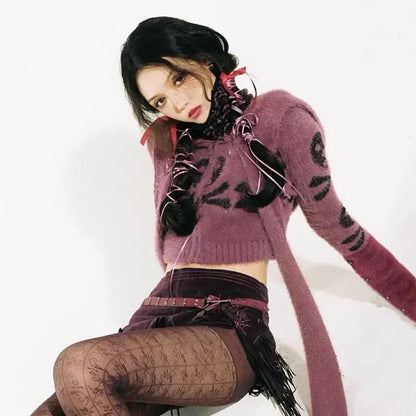 Gothic Skull Embroidery Punk Style Grunge Aesthetics Cropped Vintage Hooded Knitted Cardigan