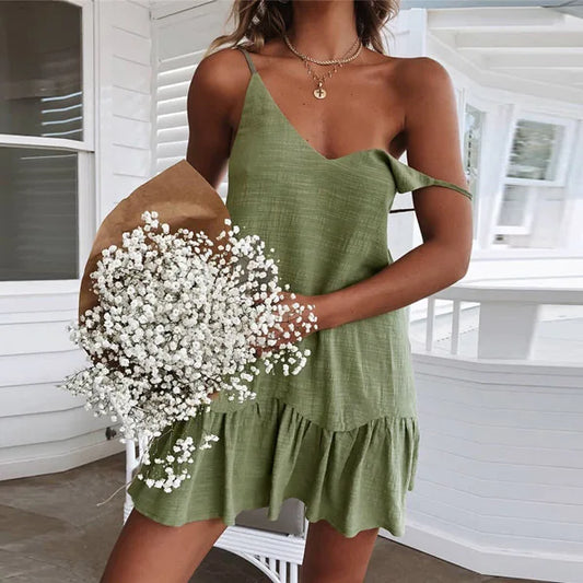 Army Green Strap Ruffles Casual Holiday  White Midi Dresses