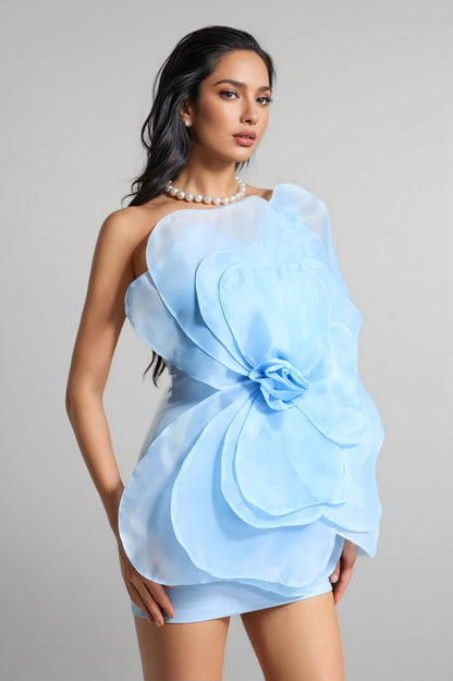 Marielle Mesh Flower One Shoulder Mini Dress-Blue