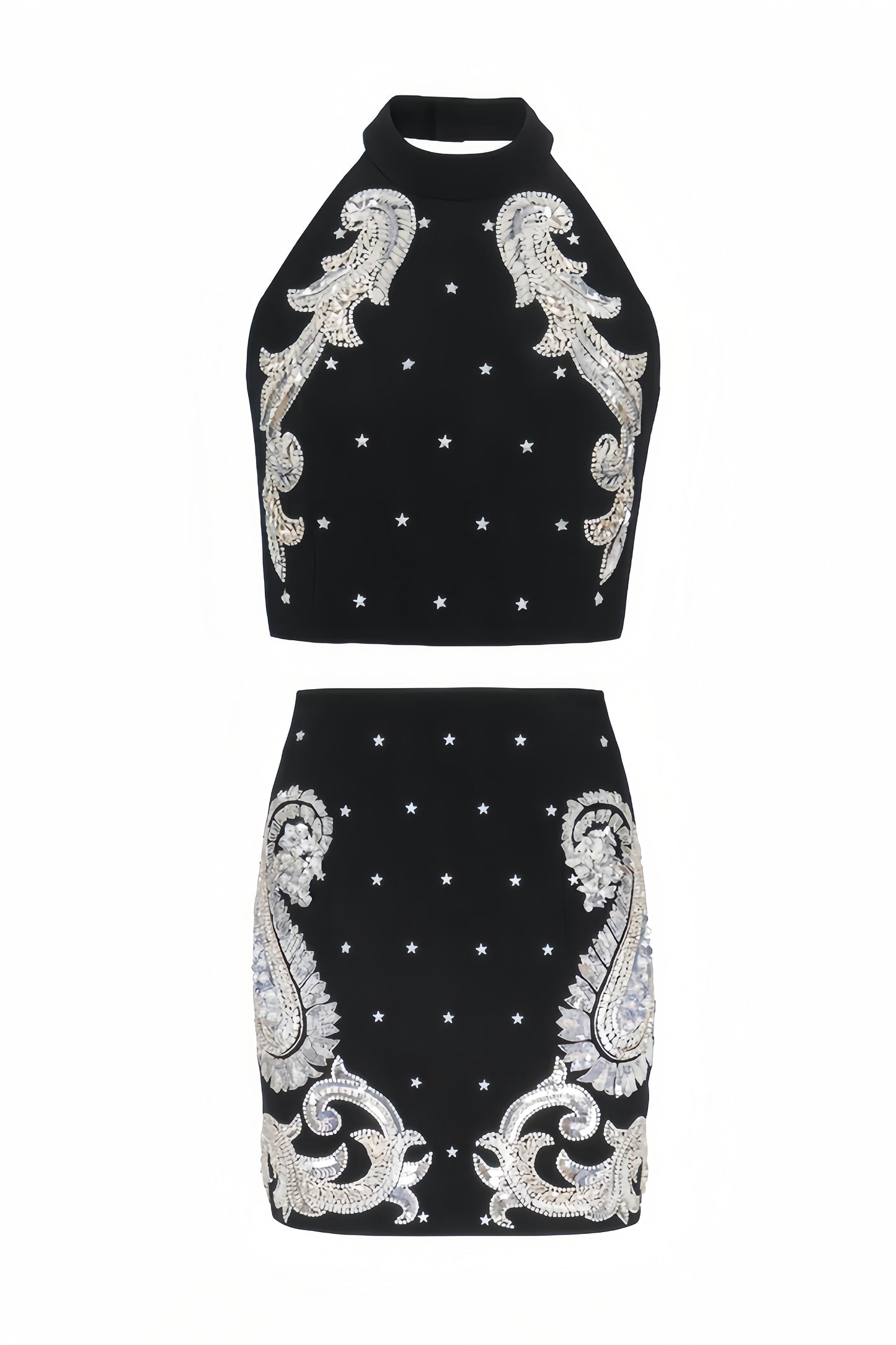 Pira Rhinestone Sequins Hanging Neck Skirt Set