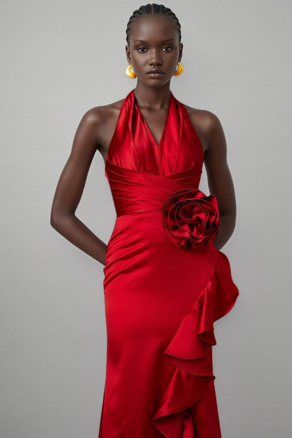 Caiusa Red 3D Floral Ruffle Maxi Dress