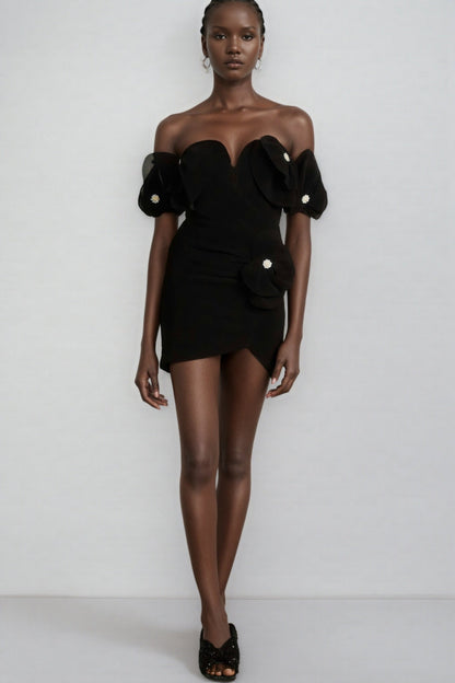 Cassia Black Floral Embroidered Mini Dress