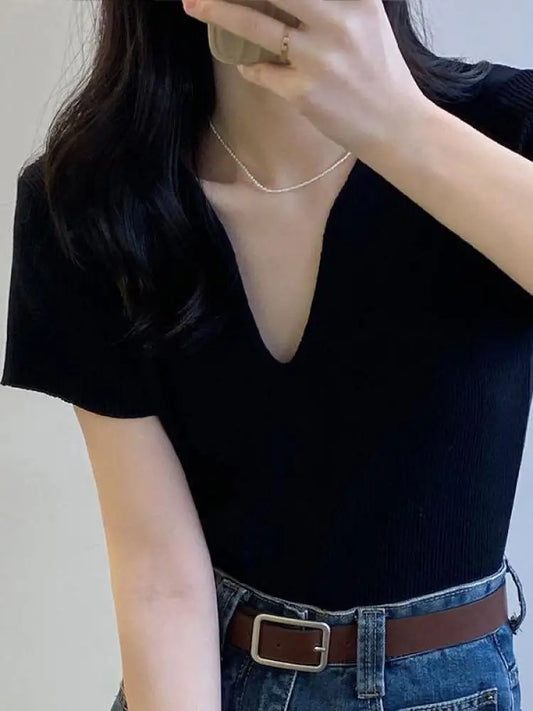 Basic Vneck Solid Summer Knitted Ribbed Slim Short Sweater