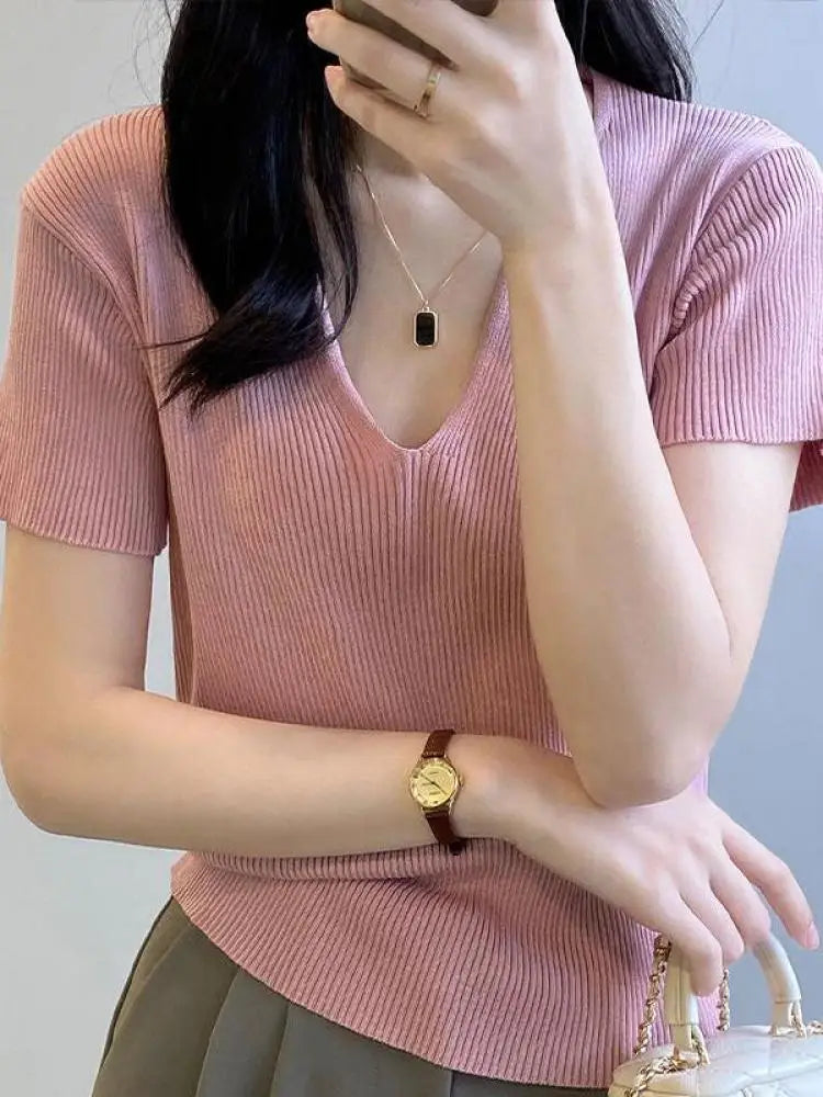 Basic Vneck Solid Summer Knitted Ribbed Slim Short Sweater