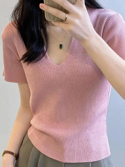 Basic Vneck Solid Summer Knitted Ribbed Slim Short Sweater