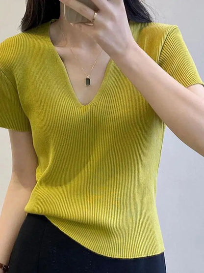 Basic Vneck Solid Summer Knitted Ribbed Slim Short Sweater