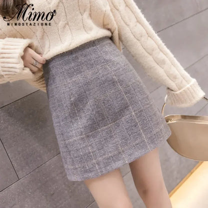 Korean Sexy High Waist Slim Plaid Wool Astep Mini Skirt