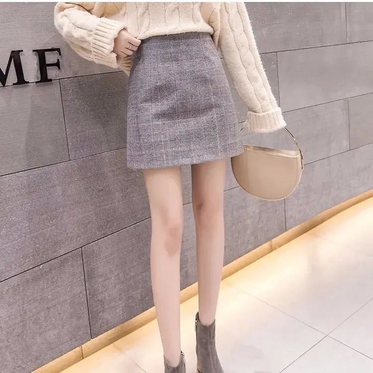 Korean Sexy High Waist Slim Plaid Wool Astep Mini Skirt