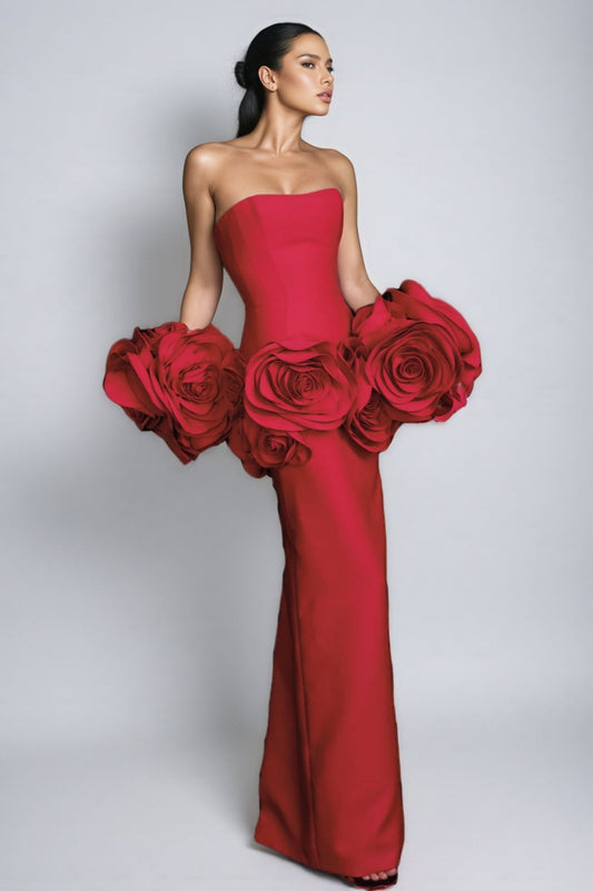 Huxen Red Backless Plunge 3D Floral Maxi Dress