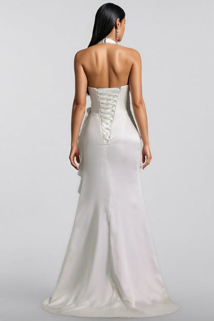 Mirisan Halter V-Neck Flowers Flounce Maxi Dress