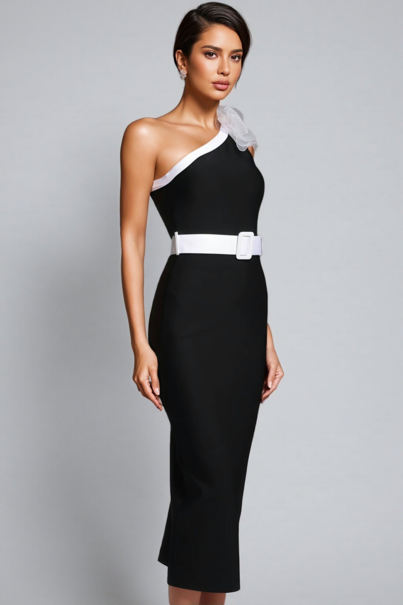 Siered One Shoulder Sleeveless Flowers Maxi Dress