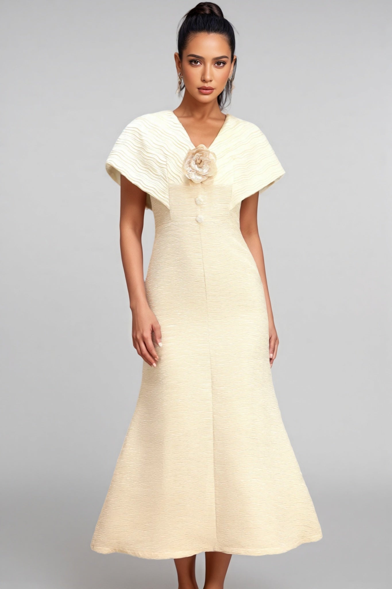 Talisd V-Neck Flower Folds Fishtail Midi Dress
