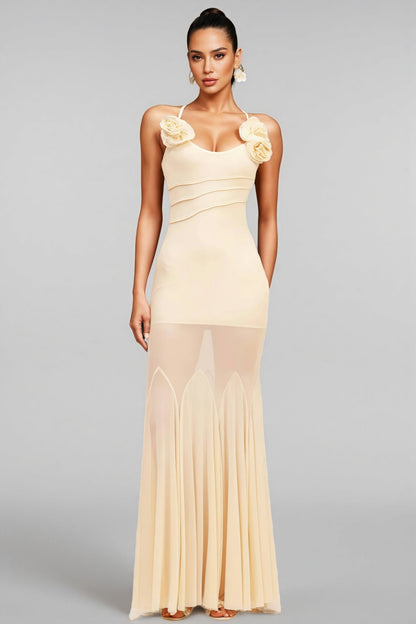 Orialk 3D Flower Halter Neck Mesh Maxi Dress