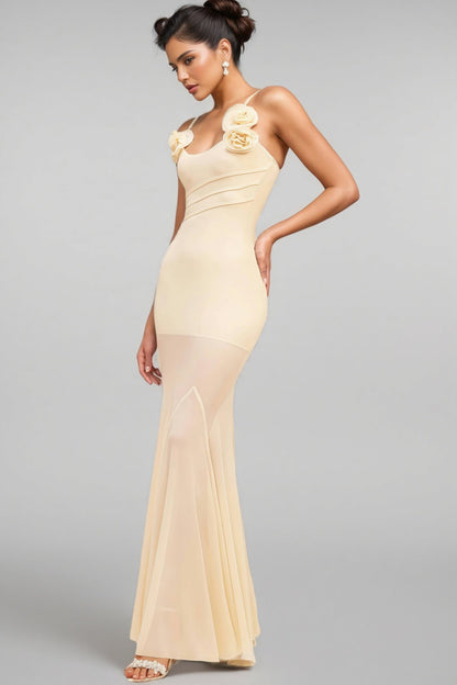 Orialk 3D Flower Halter Neck Mesh Maxi Dress