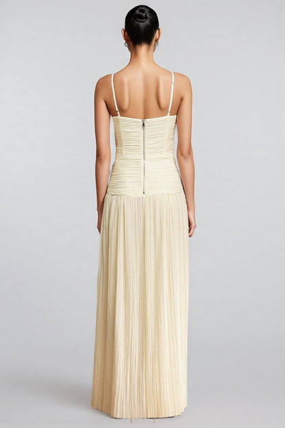 Fynnlk Halter Fishbone Folds Slit Maxi Dress