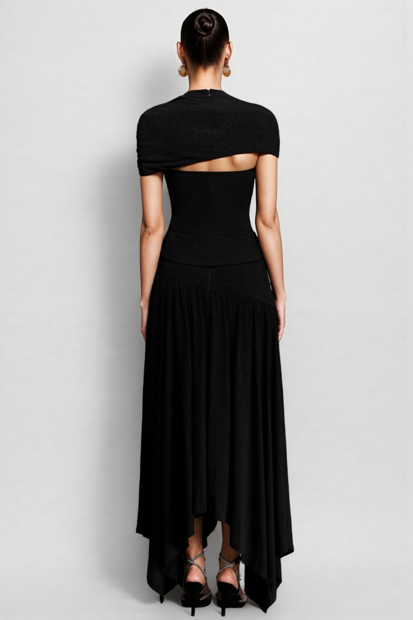 Zarinny Black Asymmetric Folds Maxi Dress Set