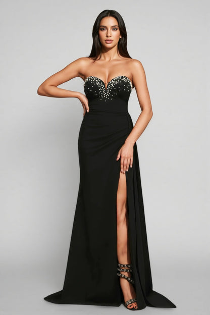 Romelle Sleeveless Pearl V-Neck Slit Maxi Dress