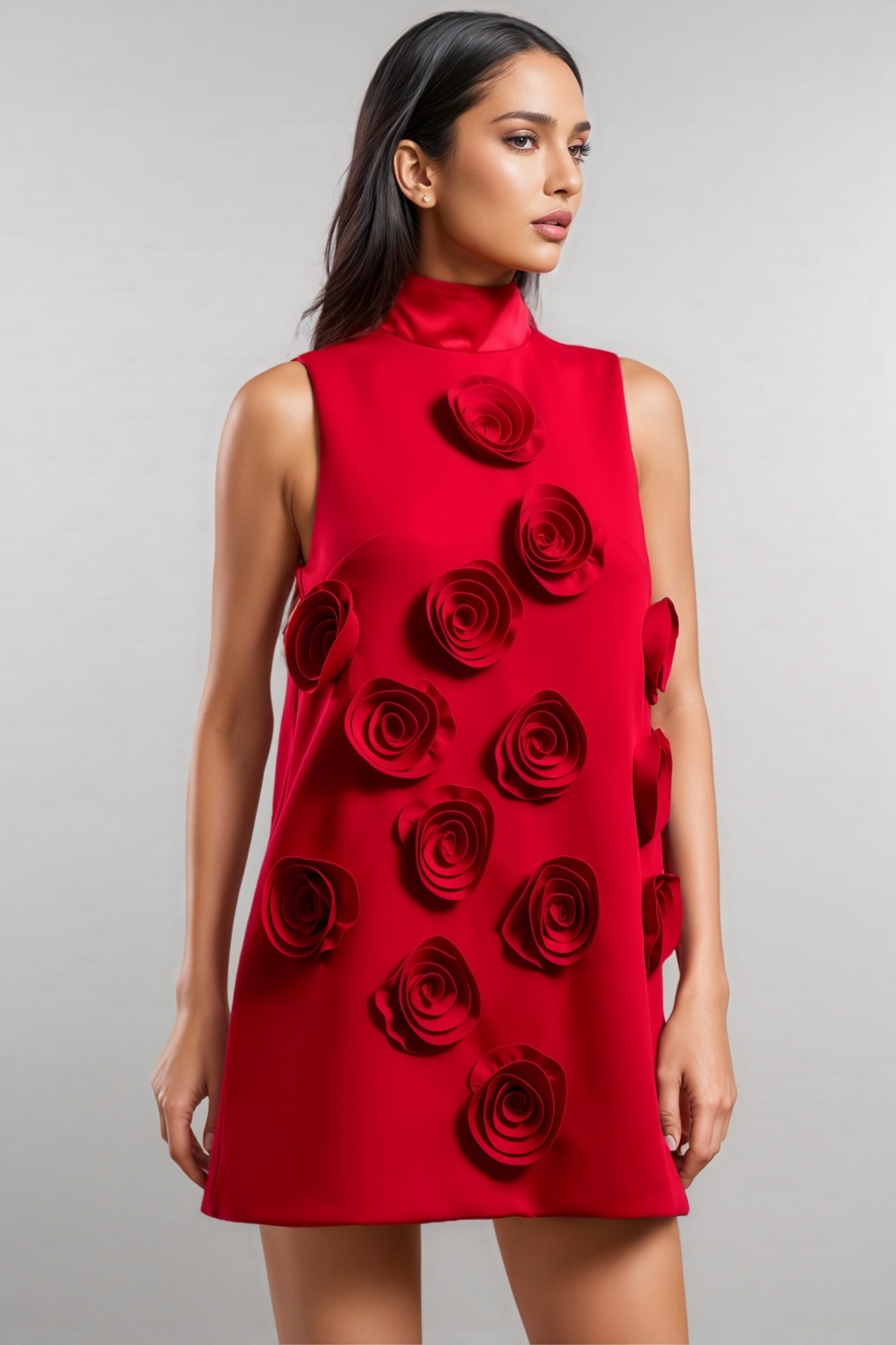 Tamarah Sleeveless High Collar Flowers Mini Dress