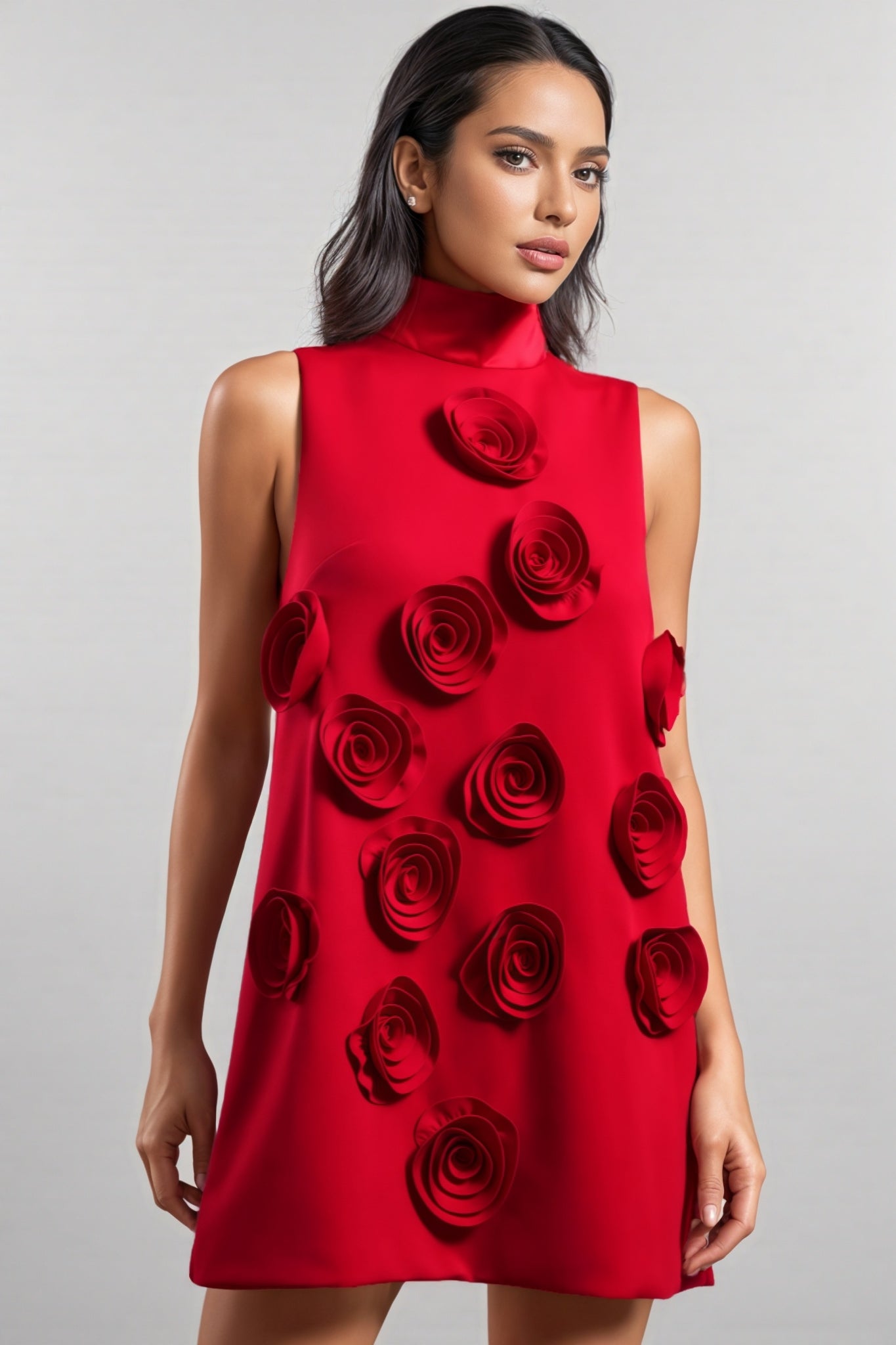 Tamarah Sleeveless High Collar Flowers Mini Dress