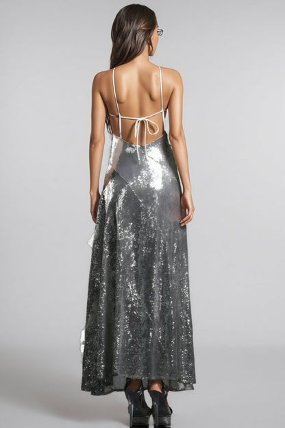 Coler Halter Sequins Ruffled Maxi Dress