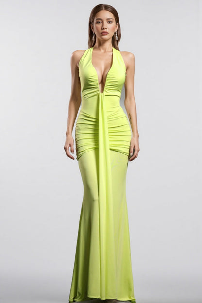 Malvina Halter V Neck Wrinkles Green Maxi Dress
