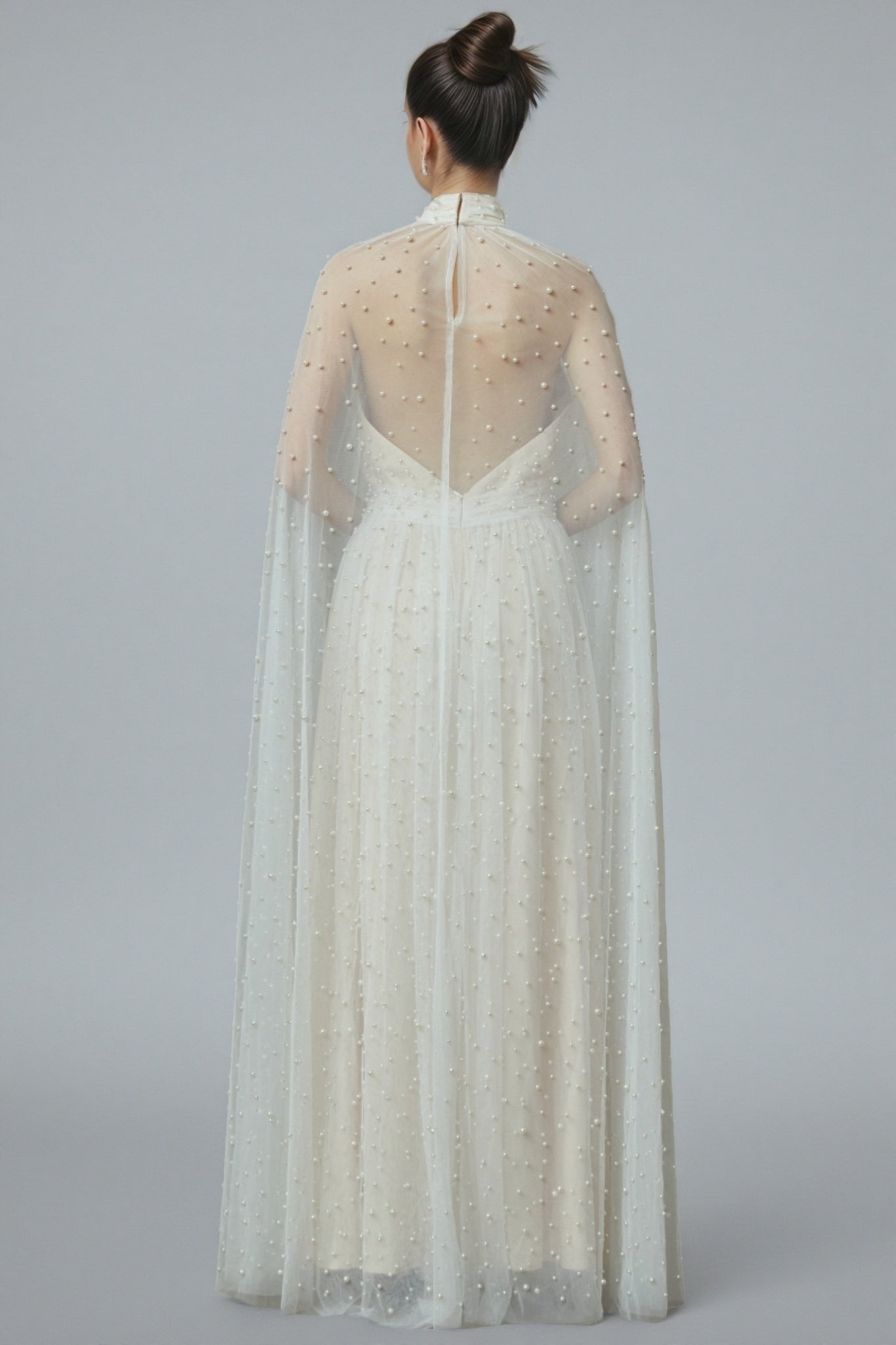 Xyvia Pearl Stand-up Collar Cap Sleeve Maxi Dress