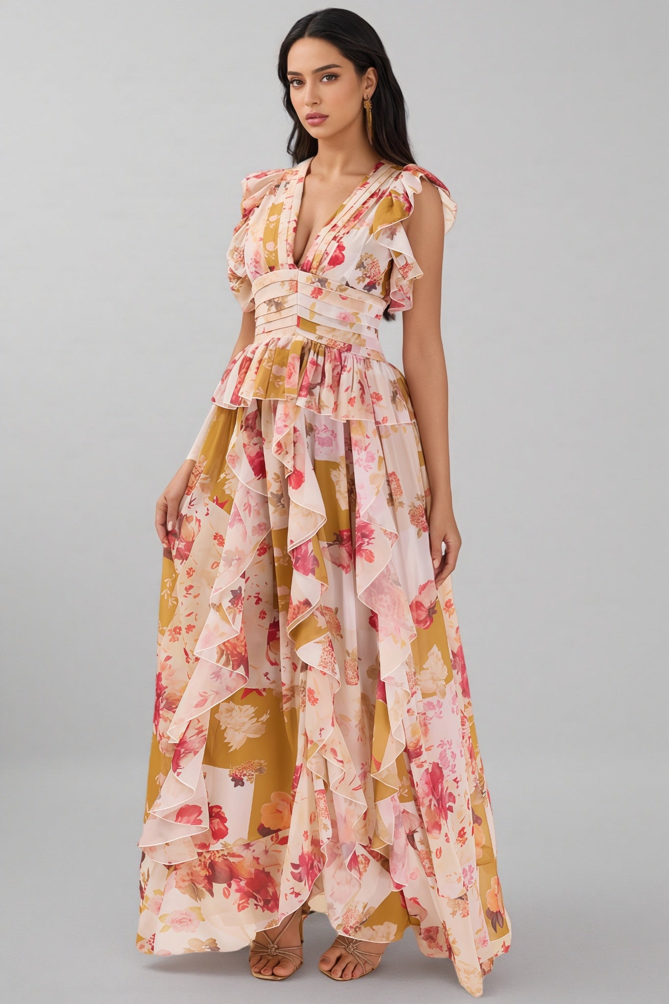 Rosel Ruffle V-Neck Split Maxi Dress