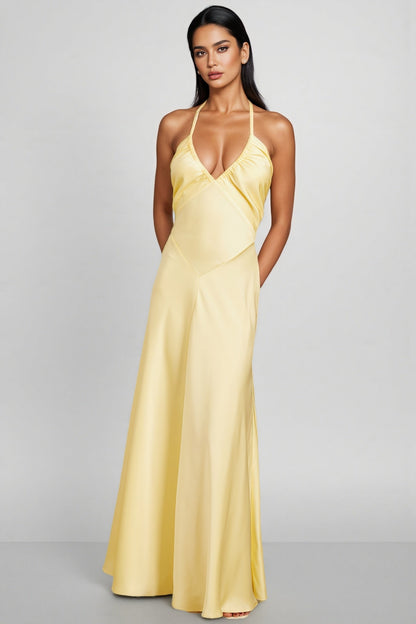 Zadiy Yellow Tie Neck Backless Maxi Dress