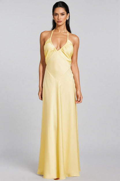 Zadiy Yellow Tie Neck Backless Maxi Dress