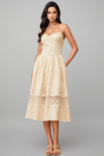 Adrienne Neutral Lace Trim Floral Midi Dress