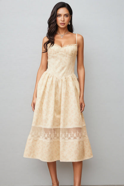 Adrienne Neutral Lace Trim Floral Midi Dress
