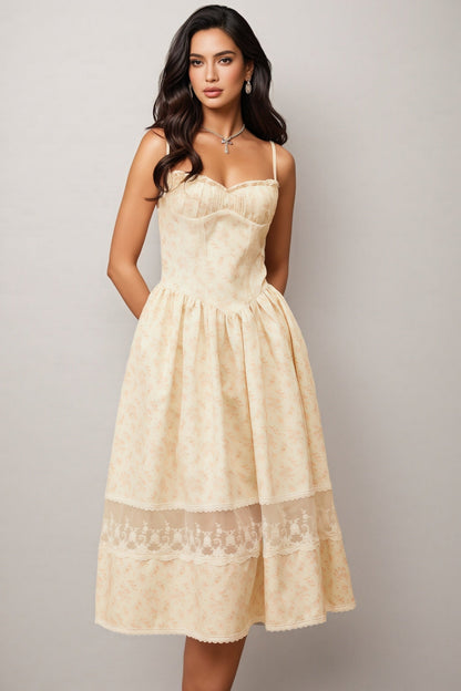 Adrienne Neutral Lace Trim Floral Midi Dress