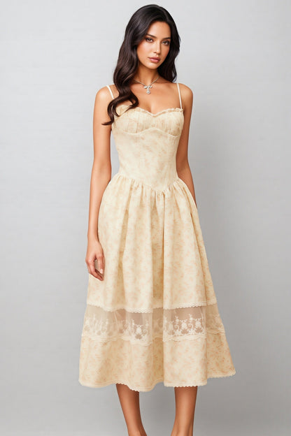 Adrienne Neutral Lace Trim Floral Midi Dress