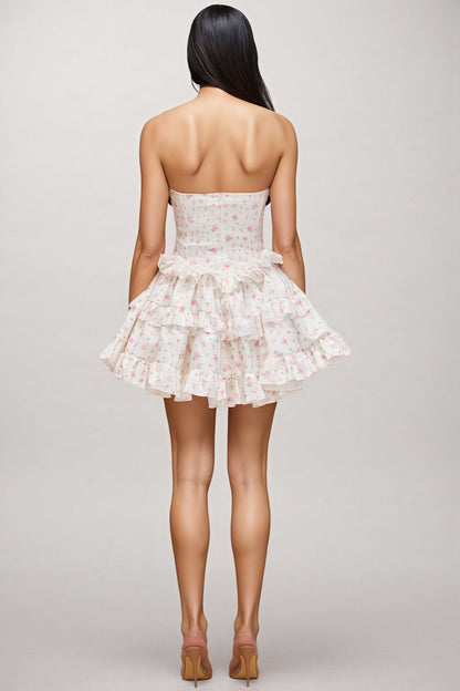 Esther Floral Print Strapless Tiered Mini Dress