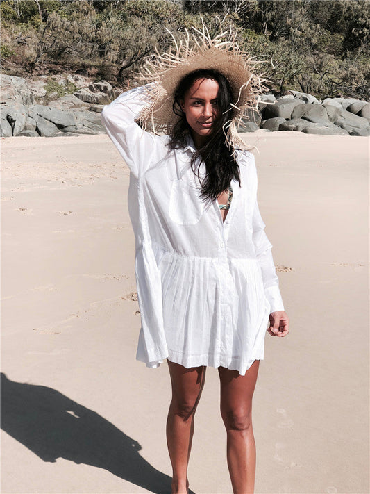 Dodie Cotton Pocketed Puff Sleeve Babydoll Dress White