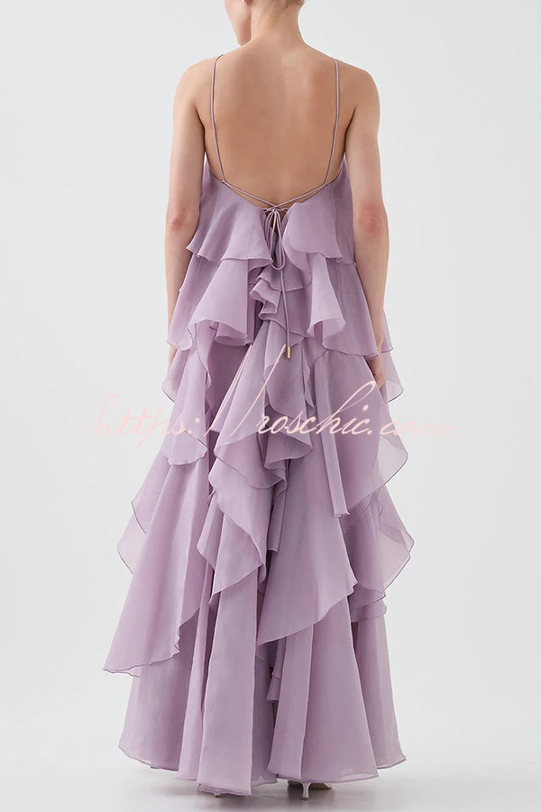 Free - Flowing Rose Detail Tiered Ruffles Halter A-line Maxi Dress