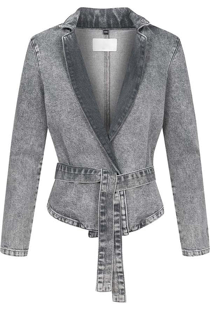 Casual Meetup Denim Stand Neck Long Sleeve Belted Loose Jacket
