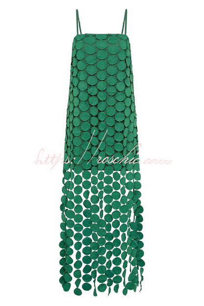 Juju Embroidered Cutout Polka Dots Square Neck Tassel Hem Slip Maxi Dress
