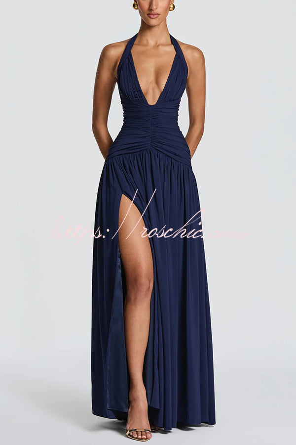 Amaris Halter Tie-up V-neck Ruched Detail Back Lace-up Slit Drape Maxi Dress